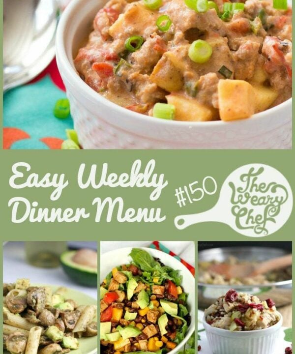 This week's menu features Sausage Chowder, Avocado Pesto Pasta, Cranberry Chicken Rice Skillet, and lots more easy dinner recipes!